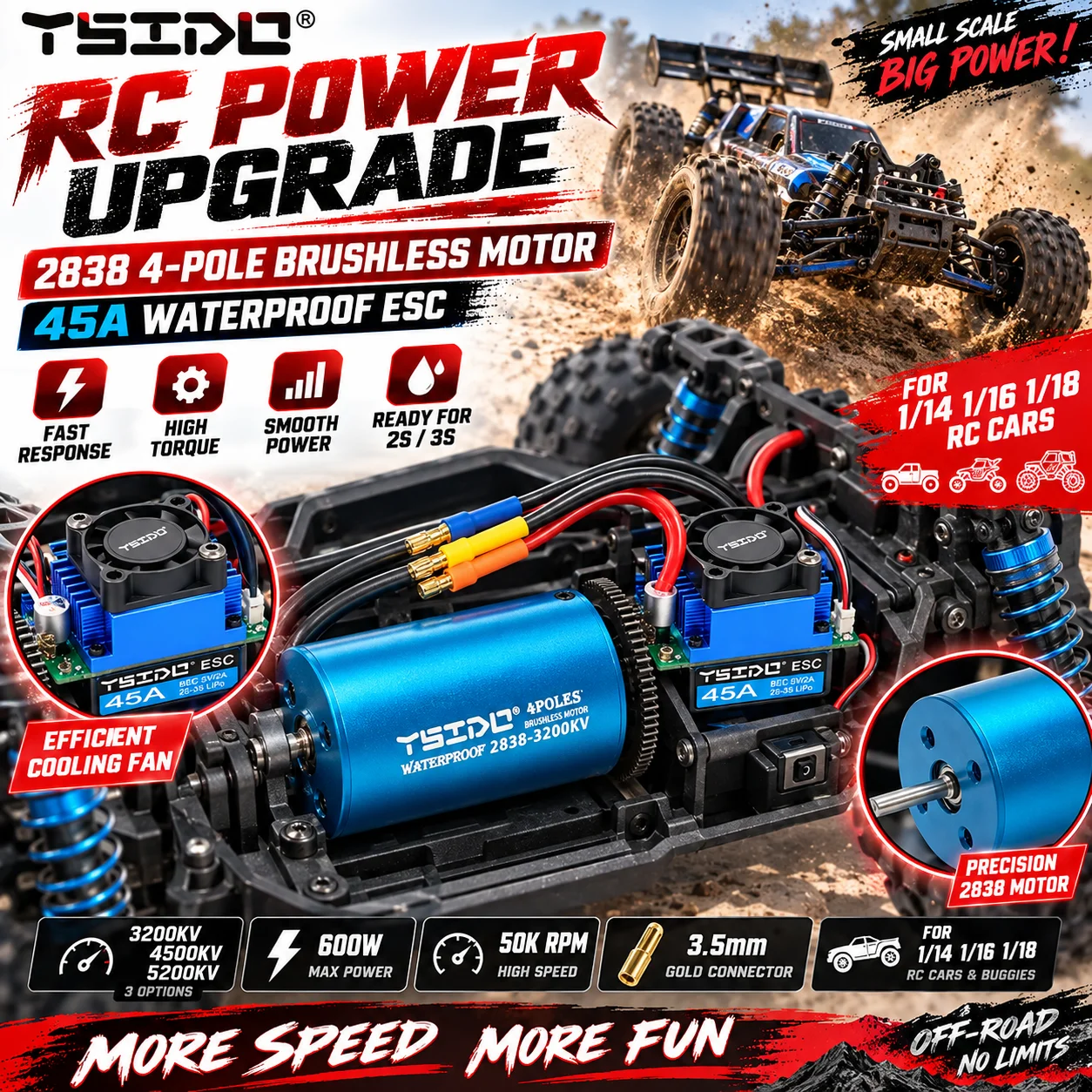 Rc Remo Hobby - 2838 防水ブラシレスモーター、45A ESC（スピードコントローラー）、Wltoys、Remo、Hobby、XLH、Timaya、Redcat 1/14、1/16、1/18 RCカー、RCボート用。
