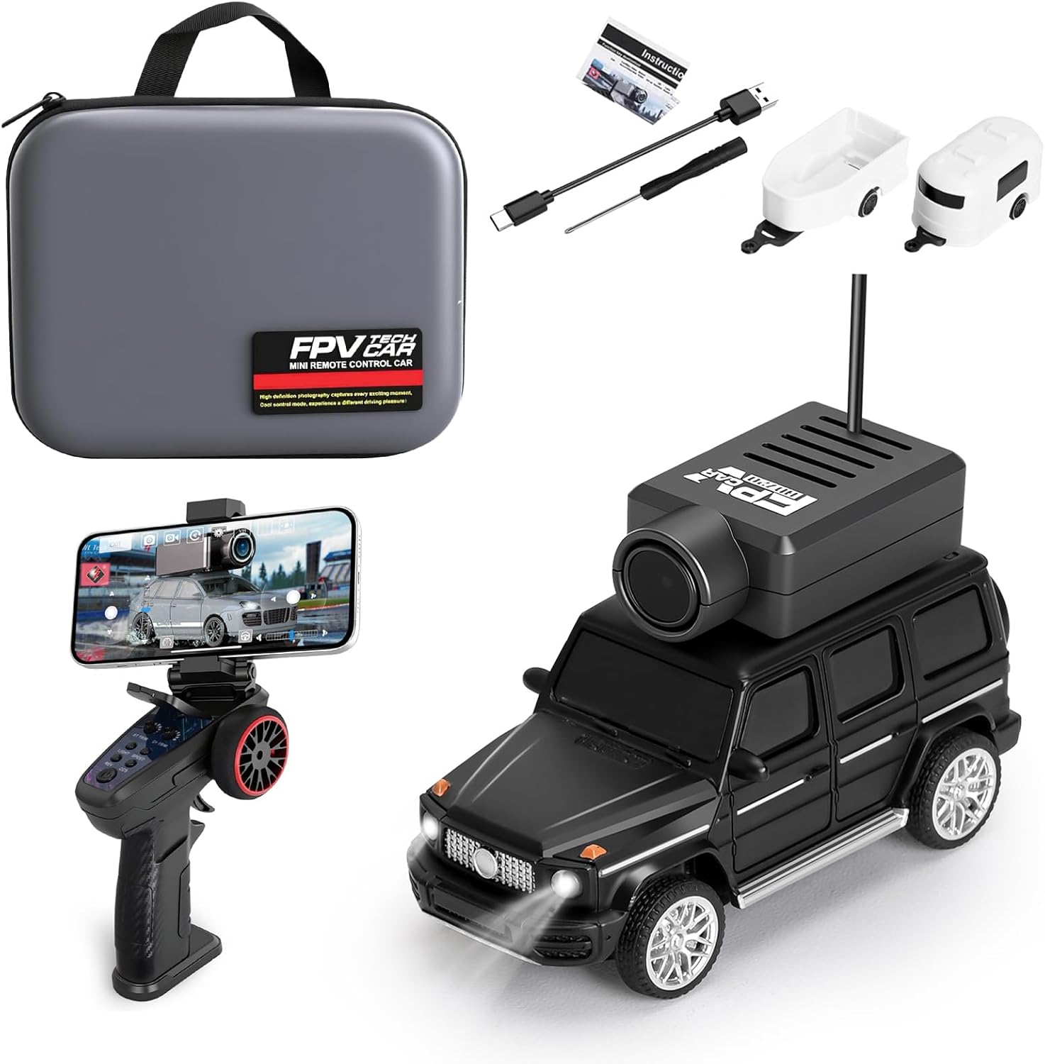 Rc Hobby Light - 1:64スケールのFPVカメラ搭載RCドリフトカー、アプリ経由で720P WiFiリアルタイムビデオ配信、2.4GHzジャイロスタビライザー、リモコンまたはスマホによるデュアルコントロール、3段階速度設定＆サスペンションシステム、ホビーエンターテイナー向けLEDライトバー