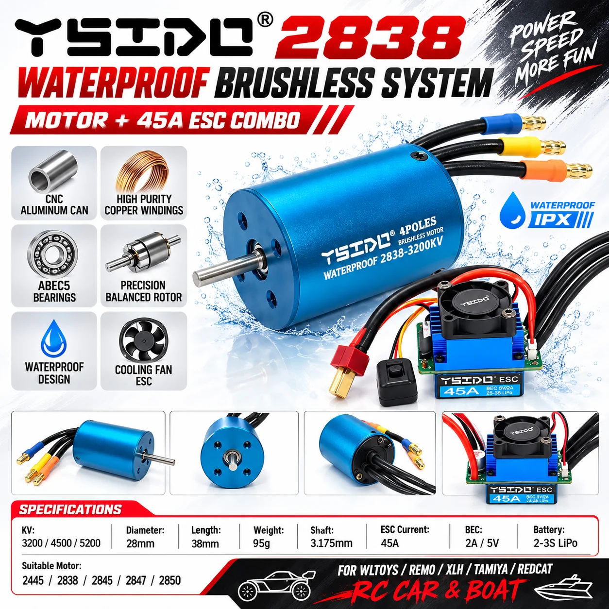 2838 防水ブラシレスモーター、45A ESC（スピードコ - Rc Remo Hobby のレビューと価格
